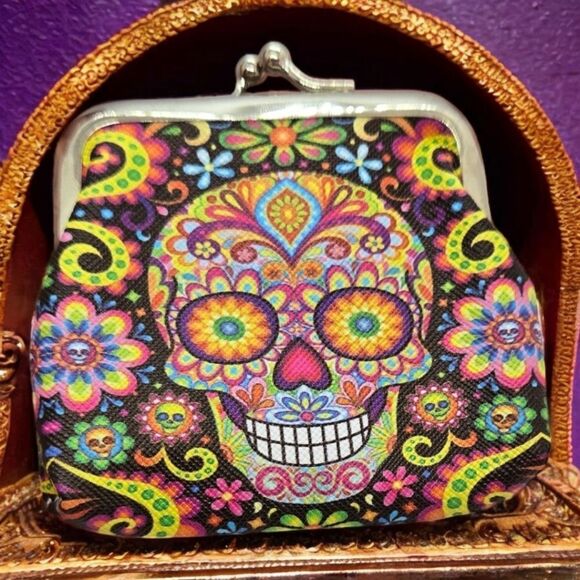 Small Sugar Skull Coin Pouch Mini Change Purse Day of the Dead Gothic Grunge - Picture 2 of 5